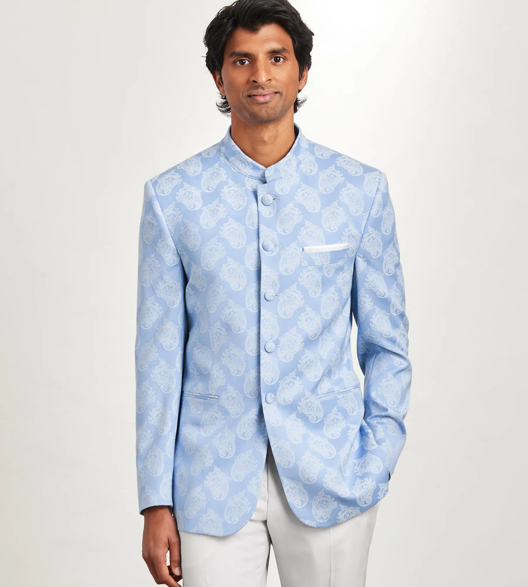 G Grafton Nehru Jackets|Suit Separates*Modern Fit Blue Jacquard Nehru Suit