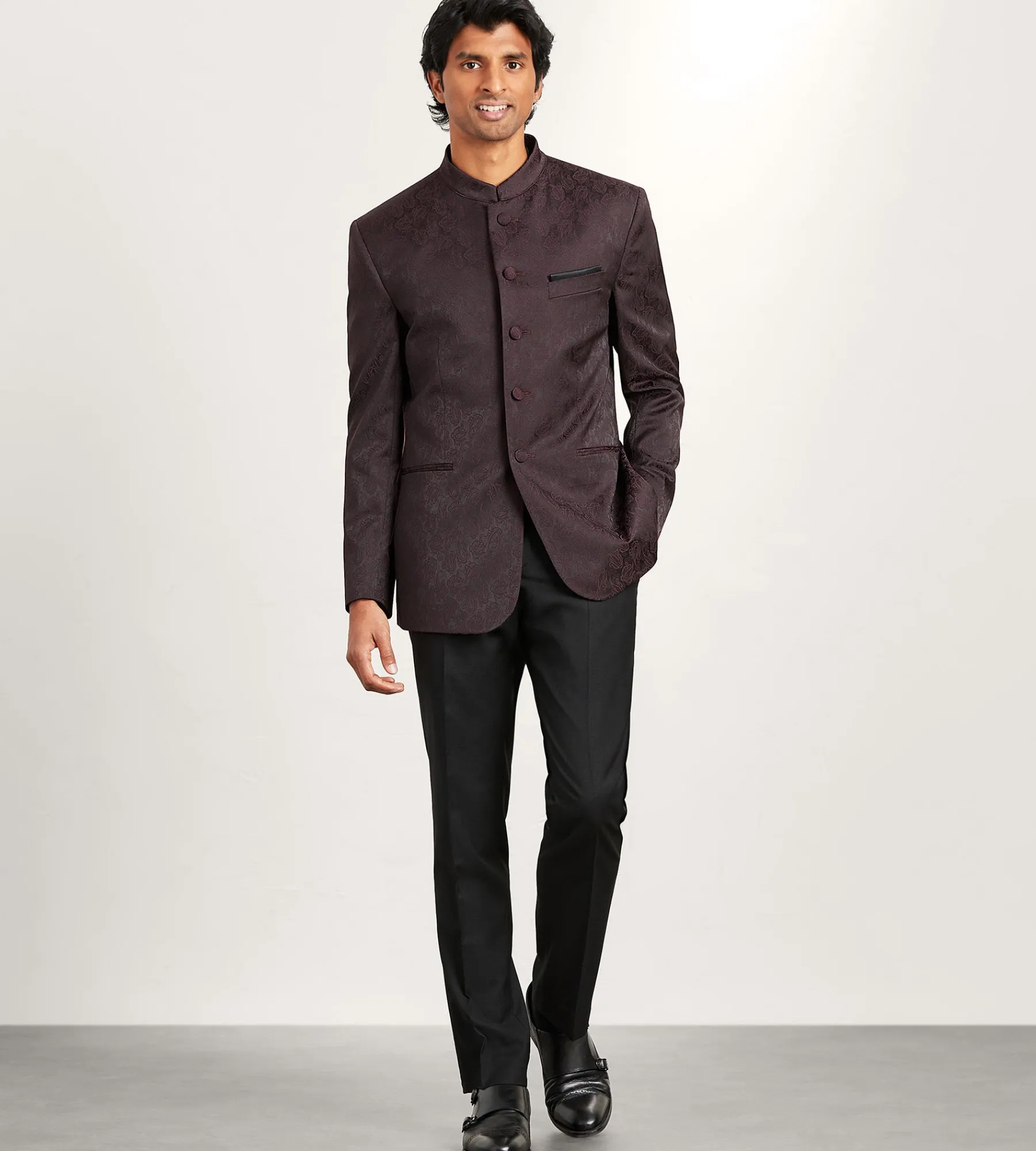 G Grafton Nehru Jackets|Suit Separates*Modern Fit Burgundy Jacquard Nehru Suit