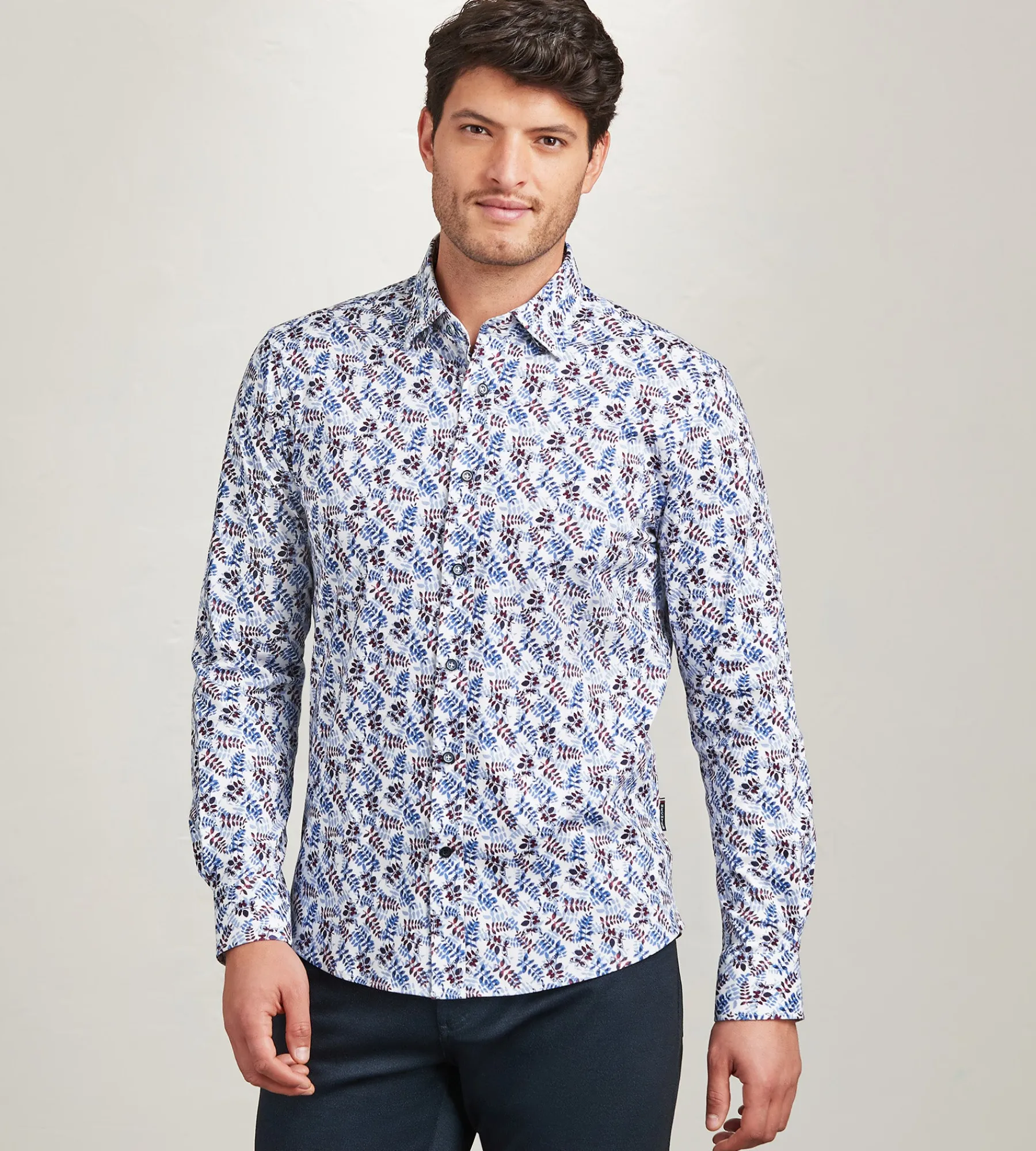 Hechter Paris Casual Shirts*Modern Fit Long Sleeve Botanical Pattern 360 Stretch Casual Shirt Light blue