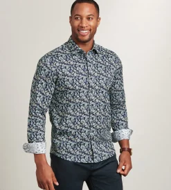 Hechter Paris Casual Shirts*Modern Fit Long Sleeve Botanical Pattern 360 Stretch Casual Shirt Navy