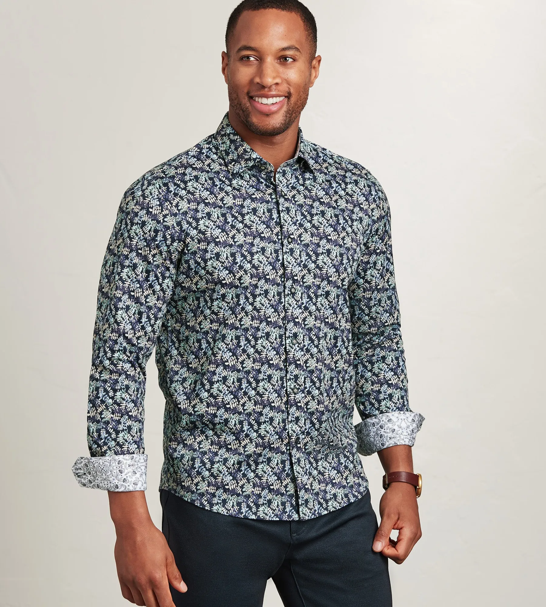 Hechter Paris Casual Shirts*Modern Fit Long Sleeve Botanical Pattern 360 Stretch Casual Shirt Navy