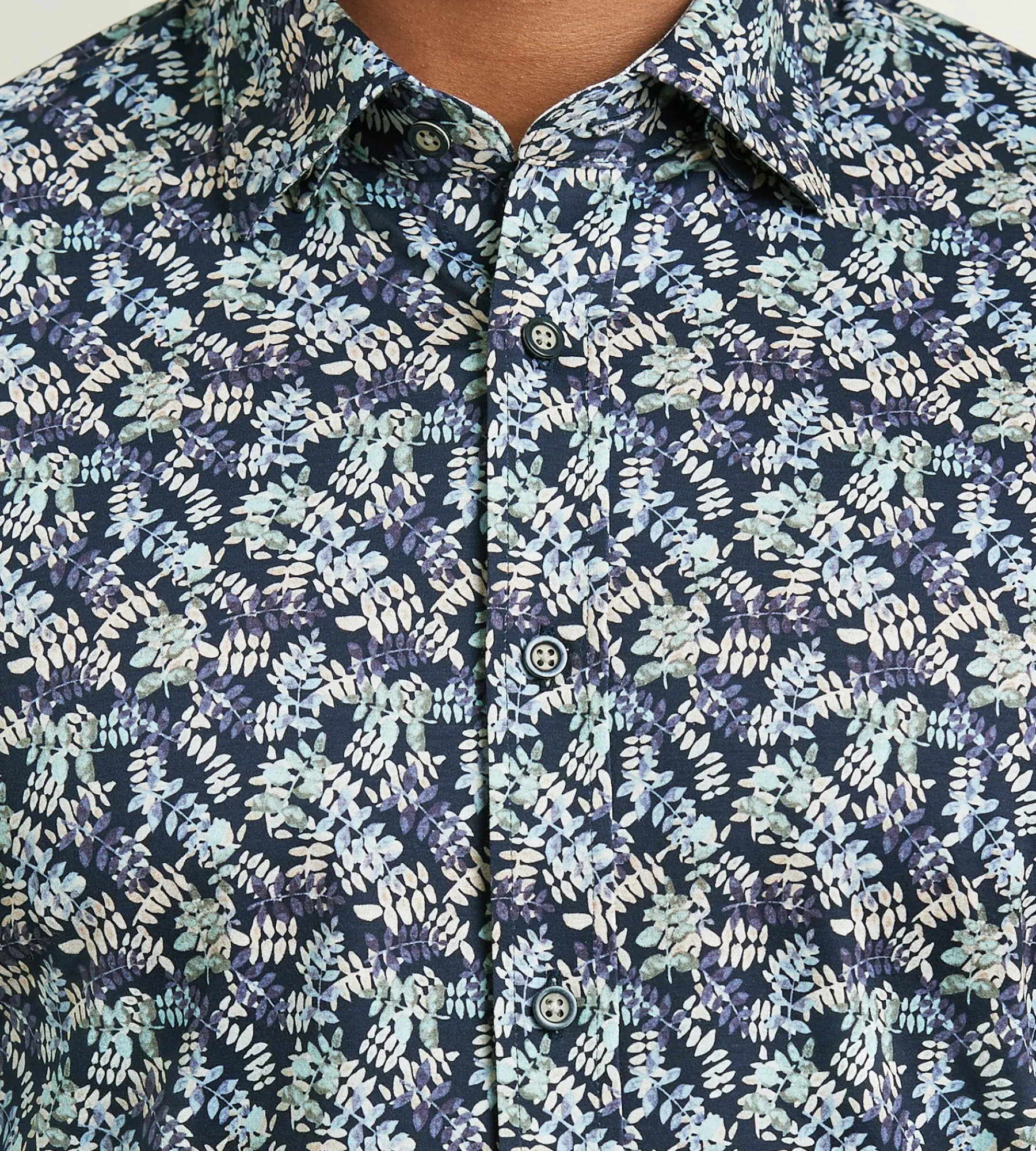 Hechter Paris Casual Shirts*Modern Fit Long Sleeve Botanical Pattern 360 Stretch Casual Shirt Navy