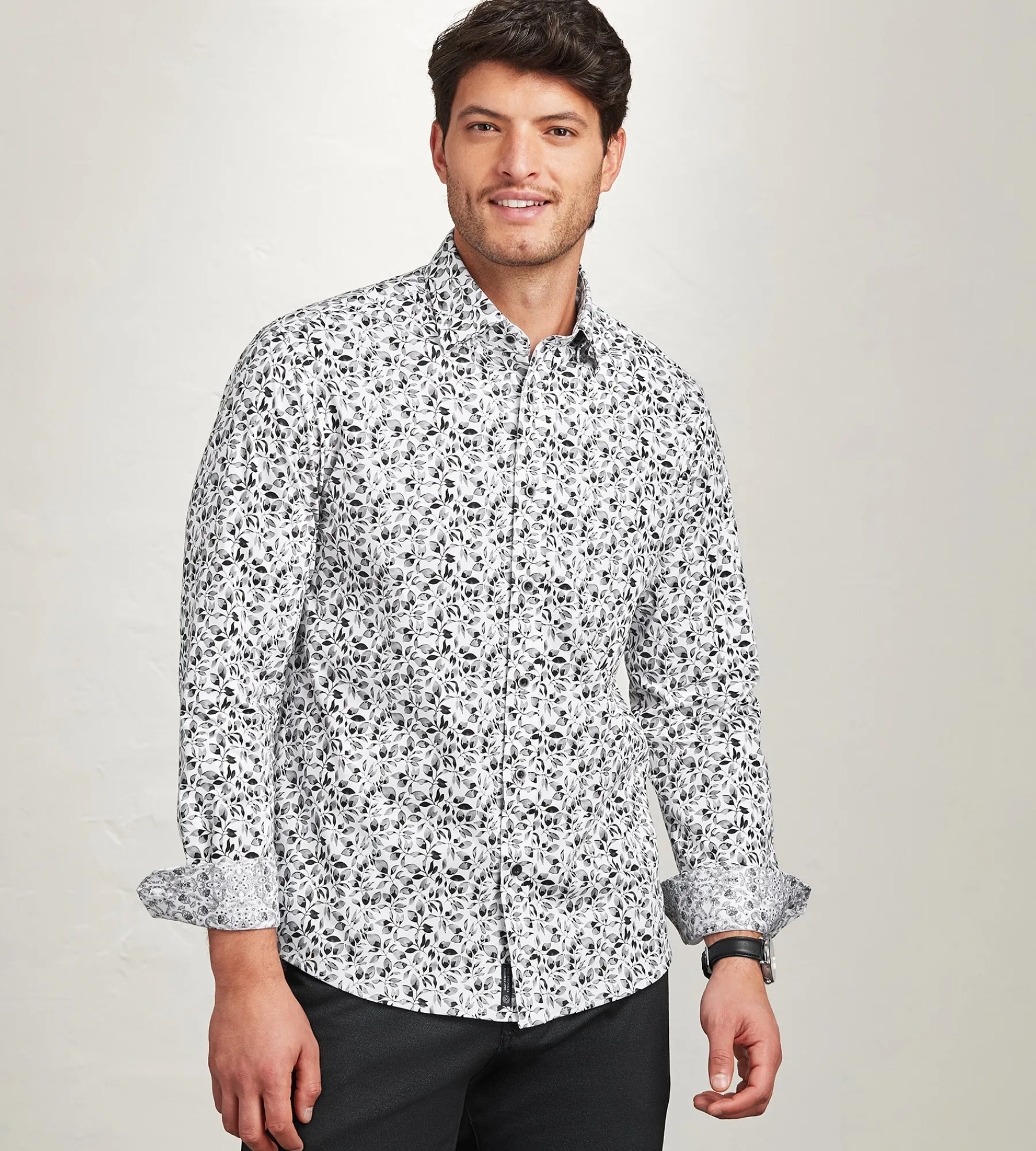 Hechter Paris Casual Shirts*Modern Fit Long Sleeve Botanical Pattern 360 Stretch Casual Shirt White