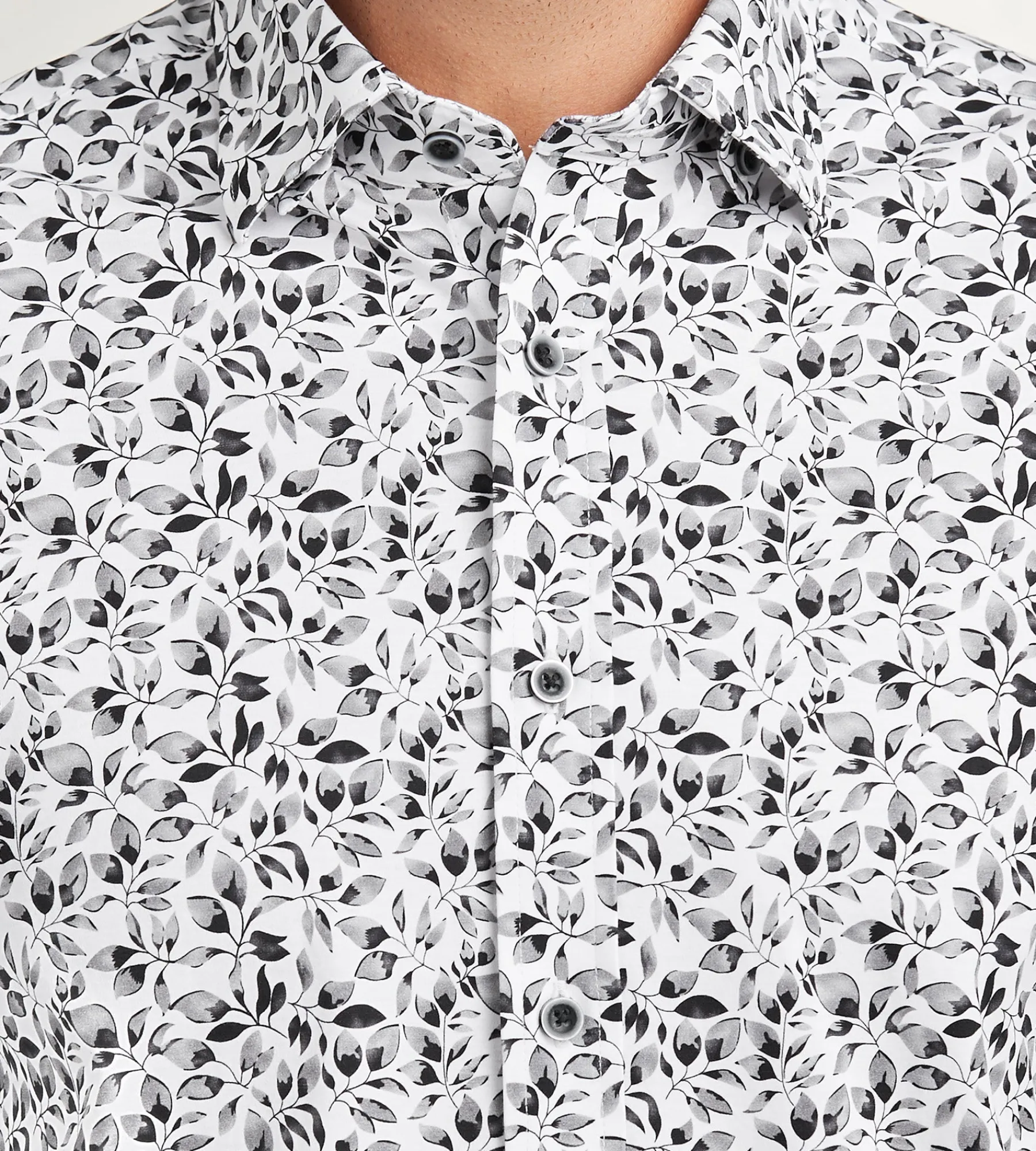 Hechter Paris Casual Shirts*Modern Fit Long Sleeve Botanical Pattern 360 Stretch Casual Shirt White
