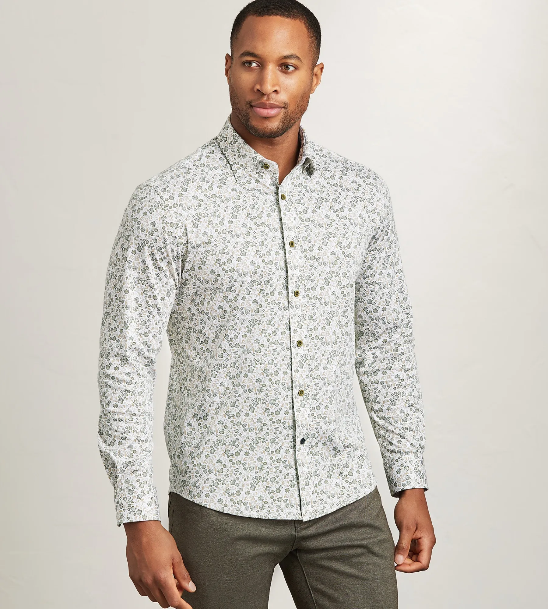Hechter Paris Casual Shirts*Modern Fit Long Sleeve Boical Pattern 360 Stretch Casual Shirt Tan