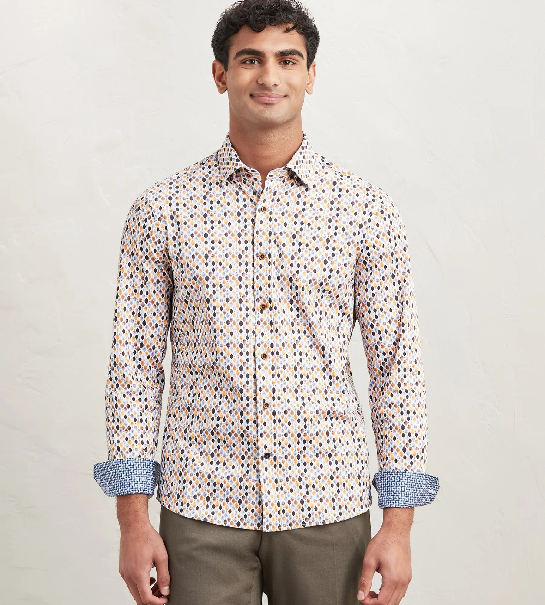 Hechter Paris Casual Shirts*Modern Fit Long Sleeve Diamond Pattern 360 Stretch Casual Shirt Yellow