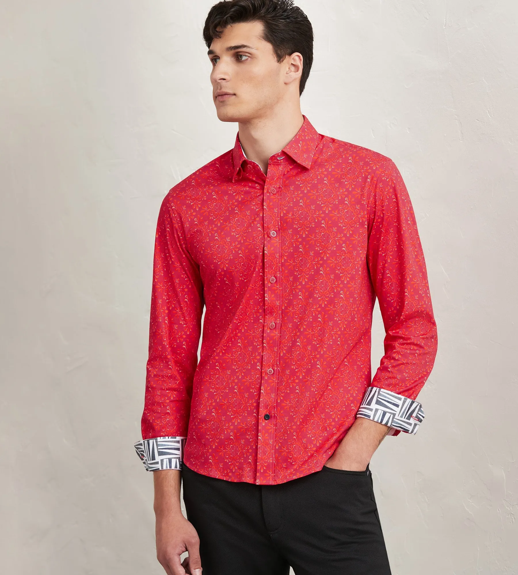 Hechter Paris Casual Shirts*Modern Fit Long Sleeve Floral Pattern 360 Stretch Casual Shirt Red