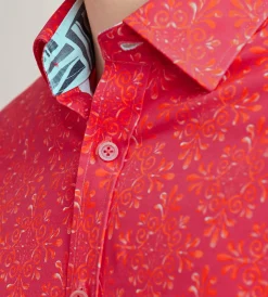 Hechter Paris Casual Shirts*Modern Fit Long Sleeve Floral Pattern 360 Stretch Casual Shirt Red
