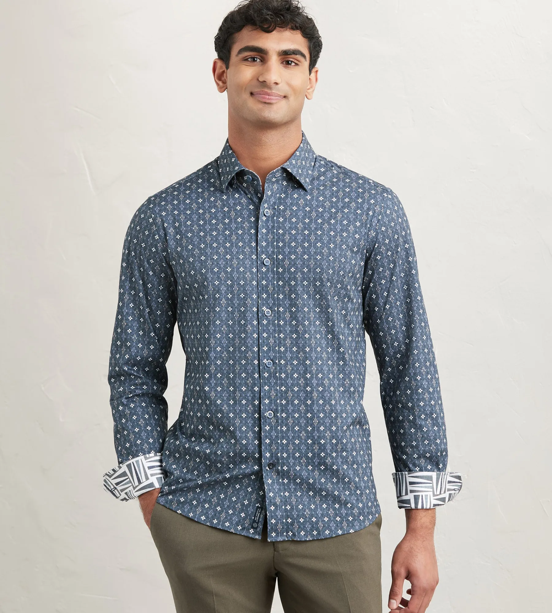 Hechter Paris Casual Shirts*Modern Fit Long Sleeve Floral Pattern 360 Stretch Casual Shirt Denim