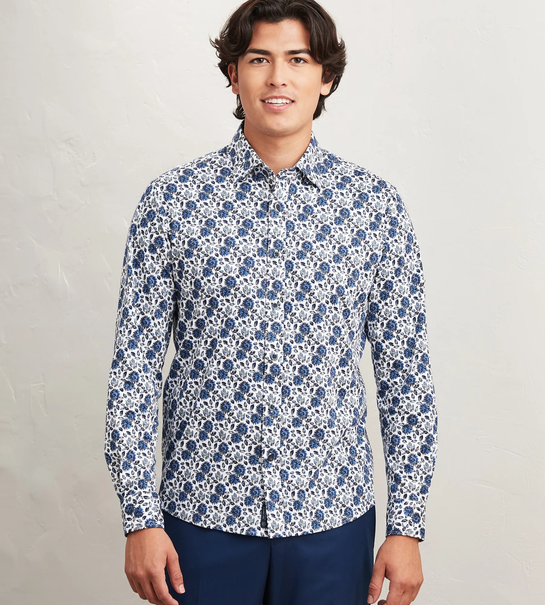 Hechter Paris Casual Shirts*Modern Fit Long Sleeve Floral Pattern 360 Stretch Casual Shirt Navy