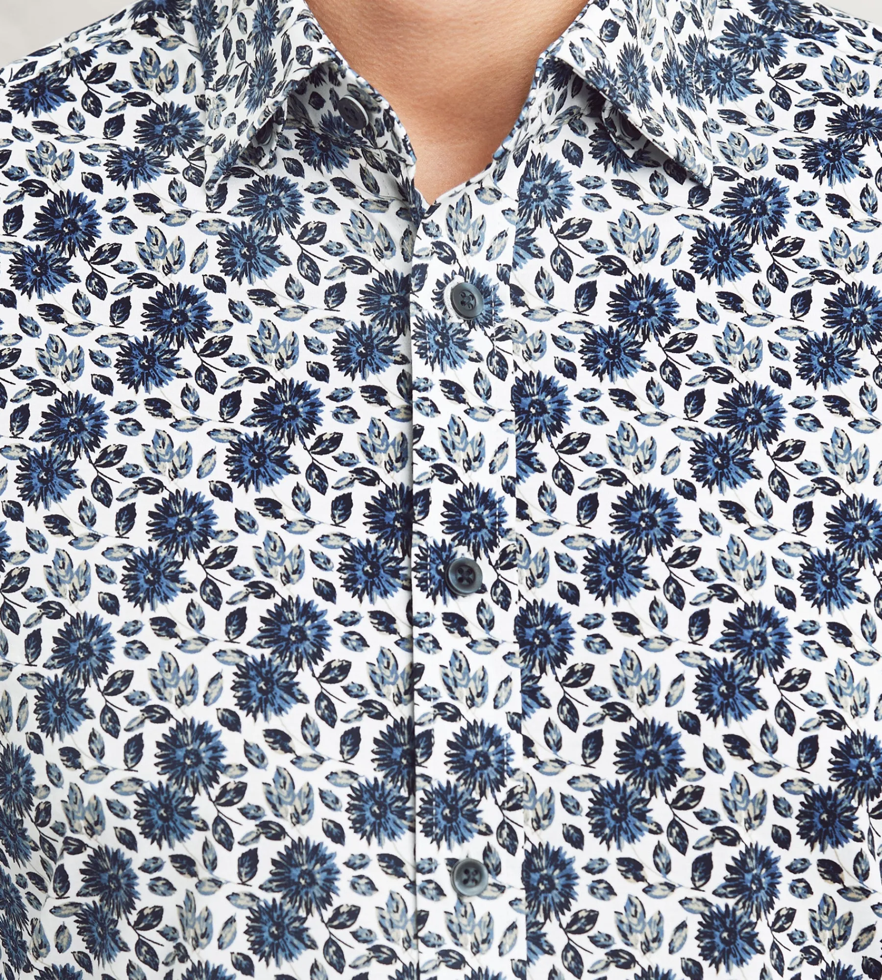 Hechter Paris Casual Shirts*Modern Fit Long Sleeve Floral Pattern 360 Stretch Casual Shirt Navy