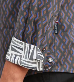 Hechter Paris Casual Shirts*Modern Fit Long Sleeve Geo Pattern 360 Stretch Casual Shirt Navy