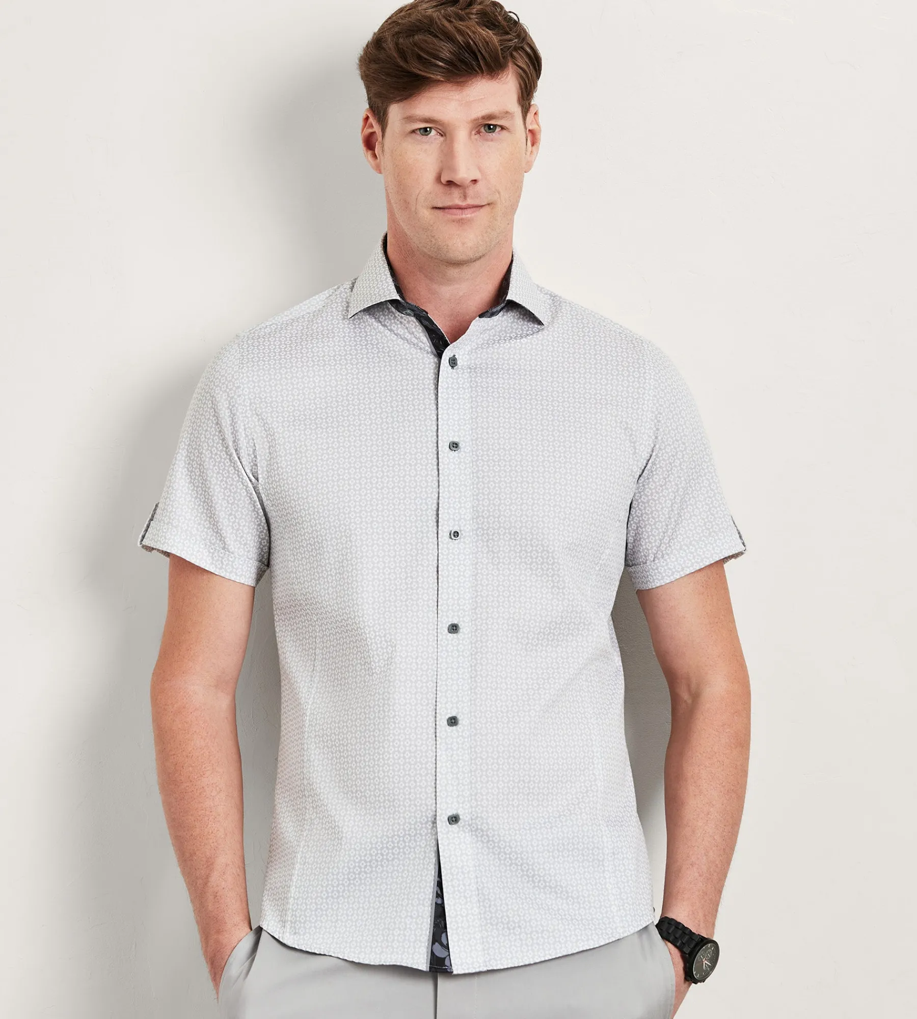 Jermyn & Bond Casual Shirts|Short Sleeve Shirts*Modern Fit Short Sleeve Geo Pattern Casual Shirt Grey
