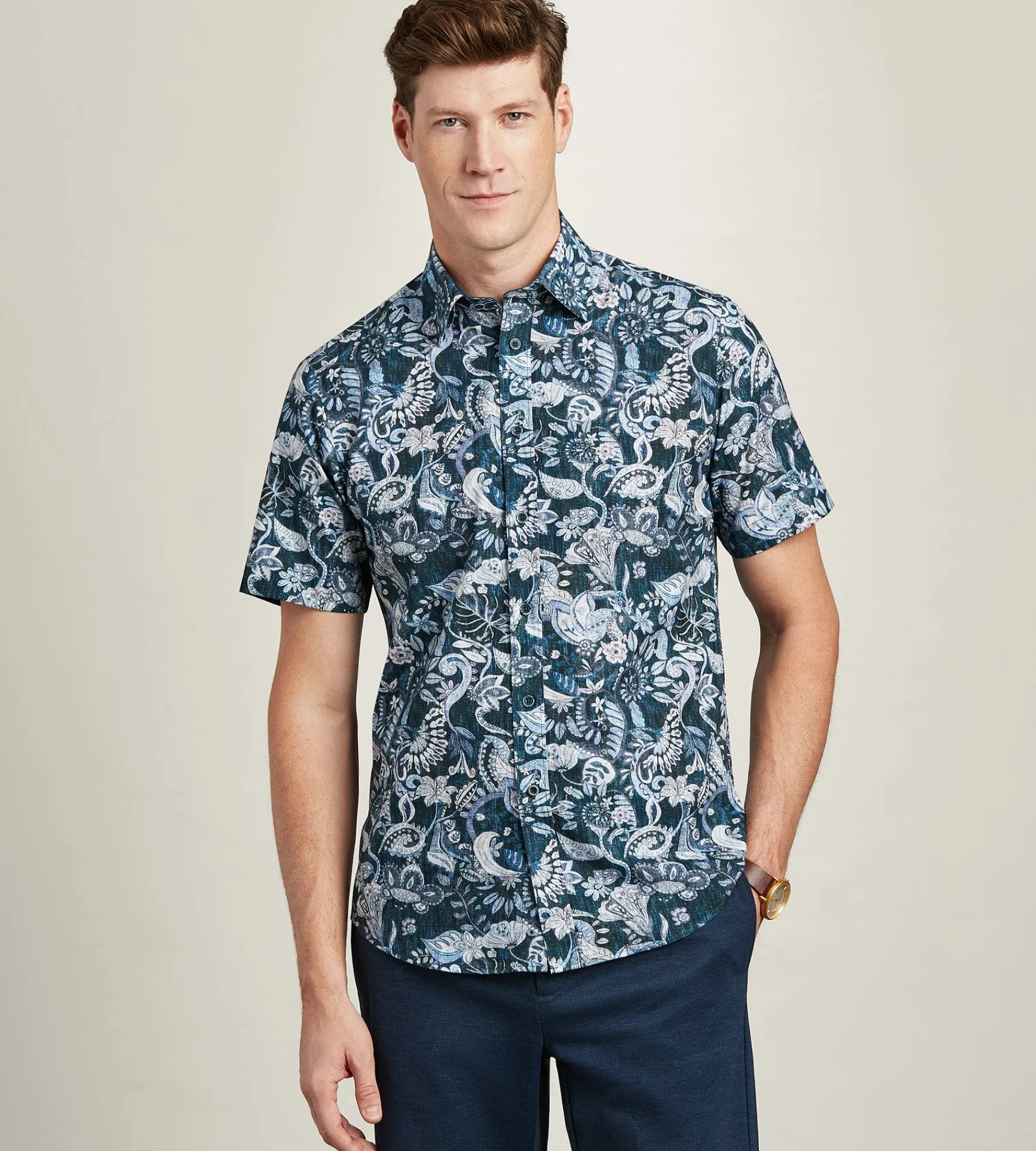 Hechter Paris Short Sleeve Shirts|Casual Shirts*Modern Fit Short Sleeve Linen Like Floral Pattern Casual Shirt Blue