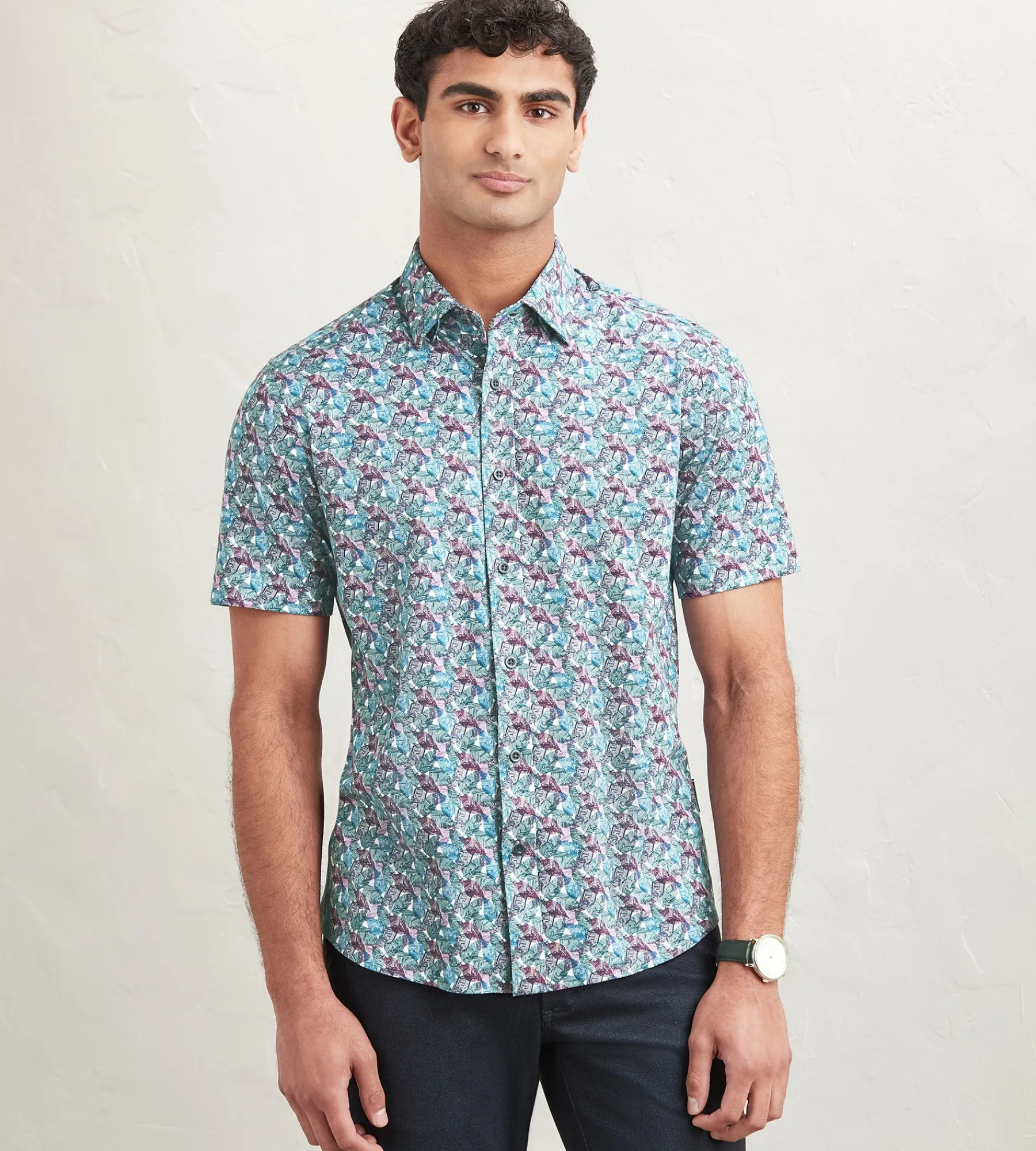 Hechter Paris Short Sleeve Shirts|Casual Shirts*Modern Fit Short Sleeve Leaf Pattern 360 Stretch Casual Shirt Multi