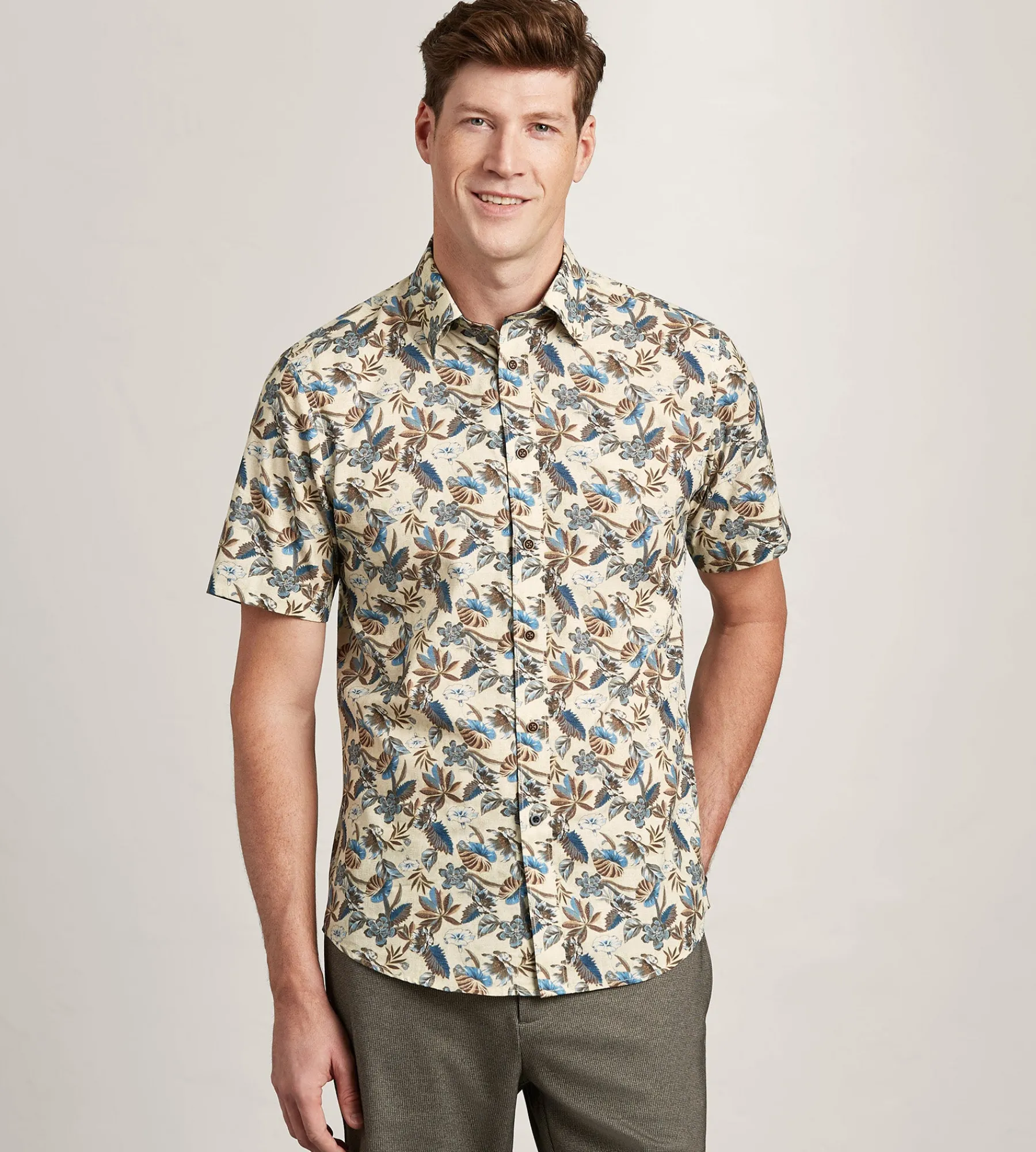 Hechter Paris Short Sleeve Shirts|Casual Shirts*Modern Fit Short Sleeve Linen Like Floral Pattern Casual Shirt Tan