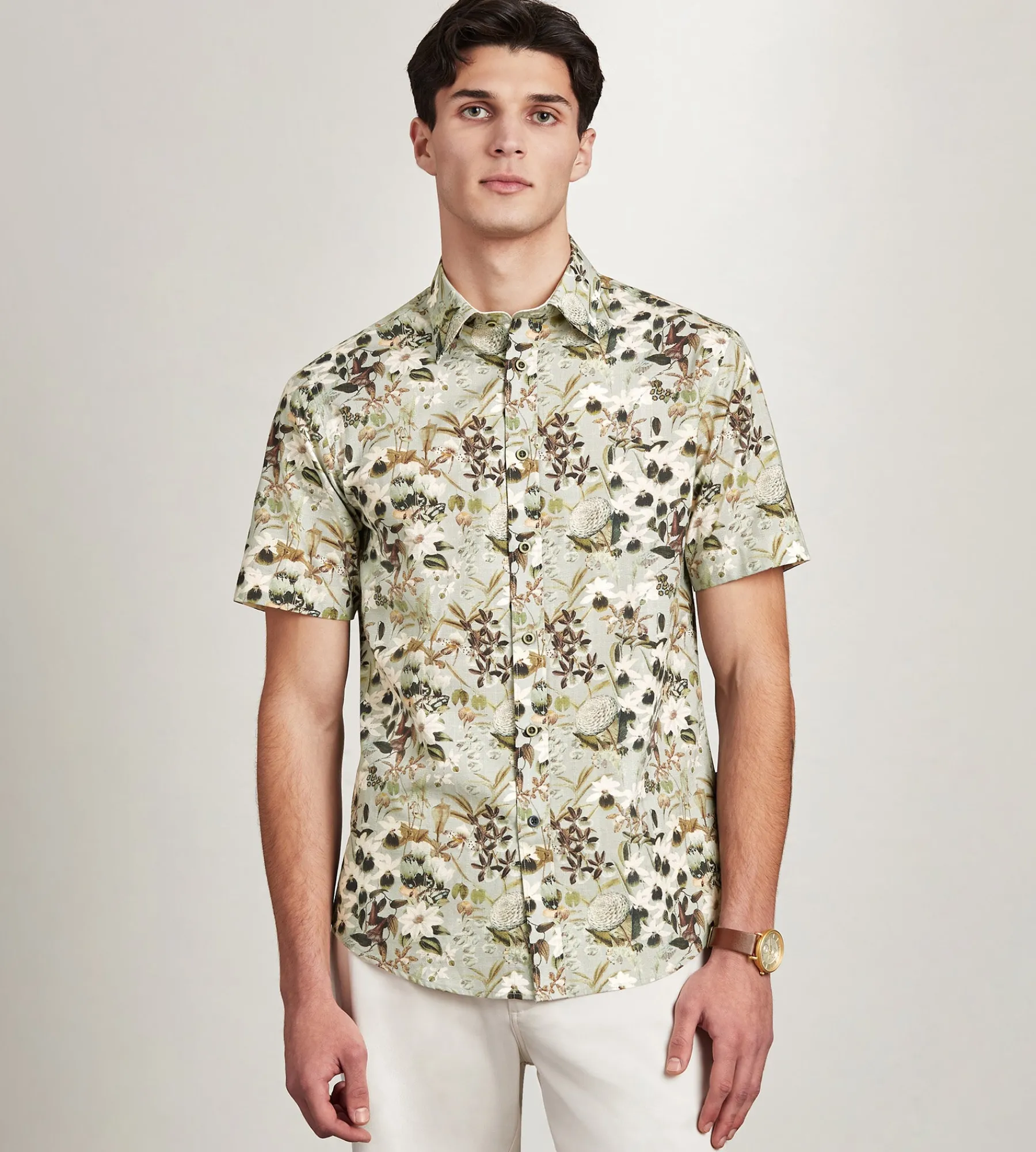 Hechter Paris Short Sleeve Shirts|Casual Shirts*Modern Fit Short Sleeve Linen Like Floral Pattern Casual Shirt Green