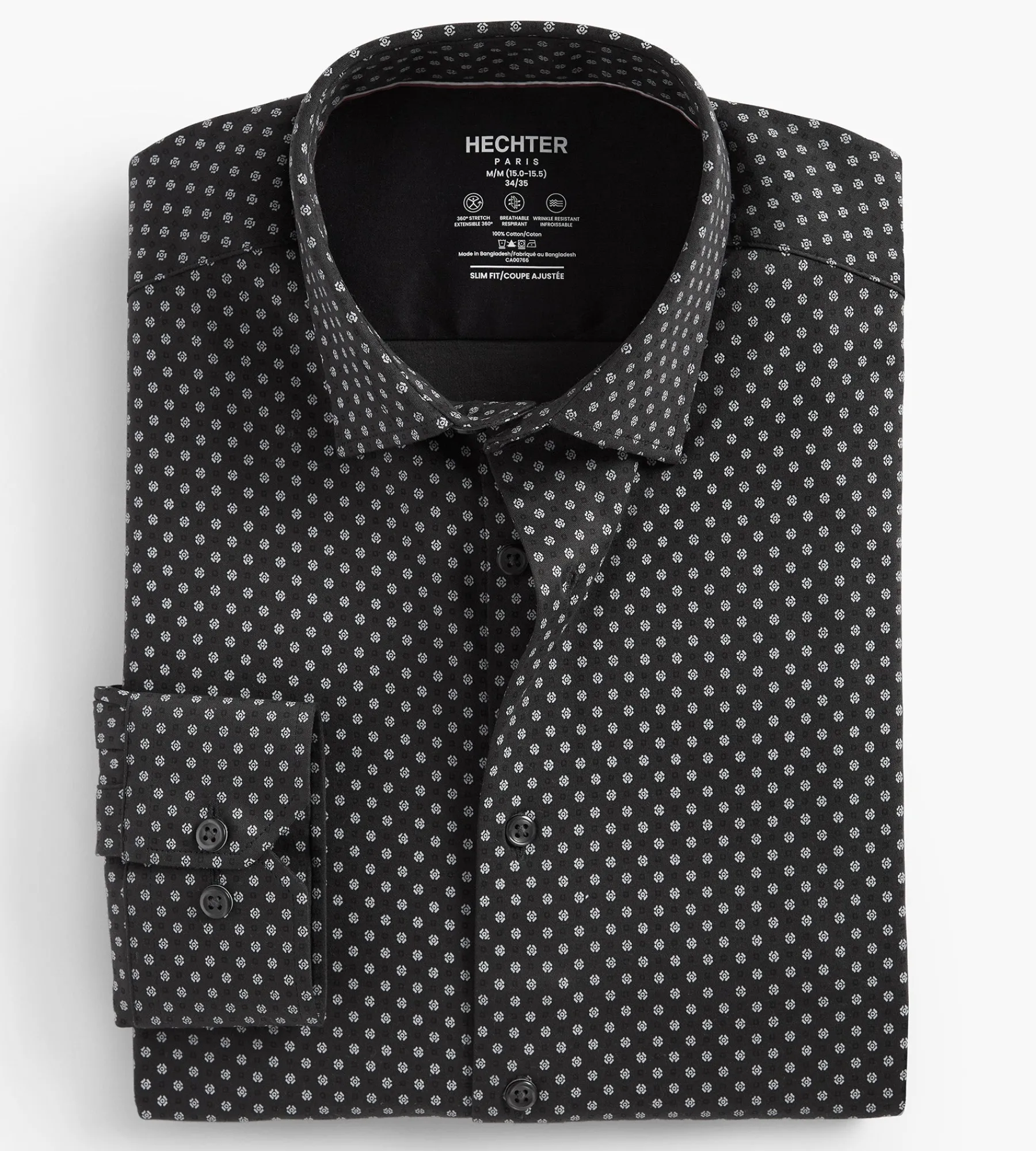 Hechter Paris Dress Shirts*Slim Fit 360 Stretch Knit Non-Iron Soft Touch Geo Print Jersey Dress Shirt Black