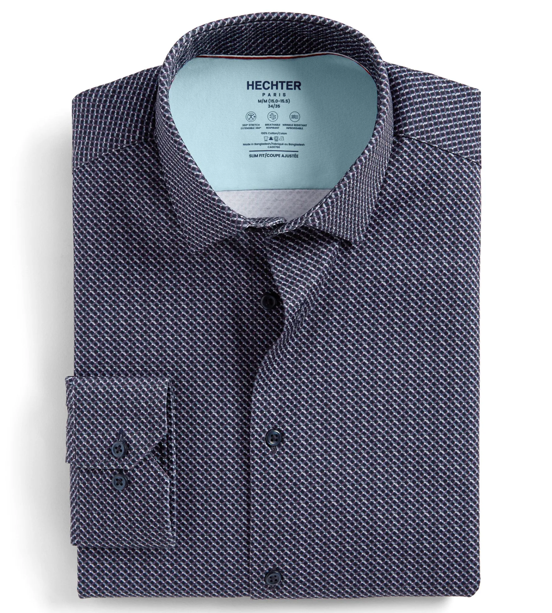 Hechter Paris Dress Shirts*Slim Fit 360 Stretch Knit Non-Iron Soft Touch Geo Print Jersey Dress Shirt Navy