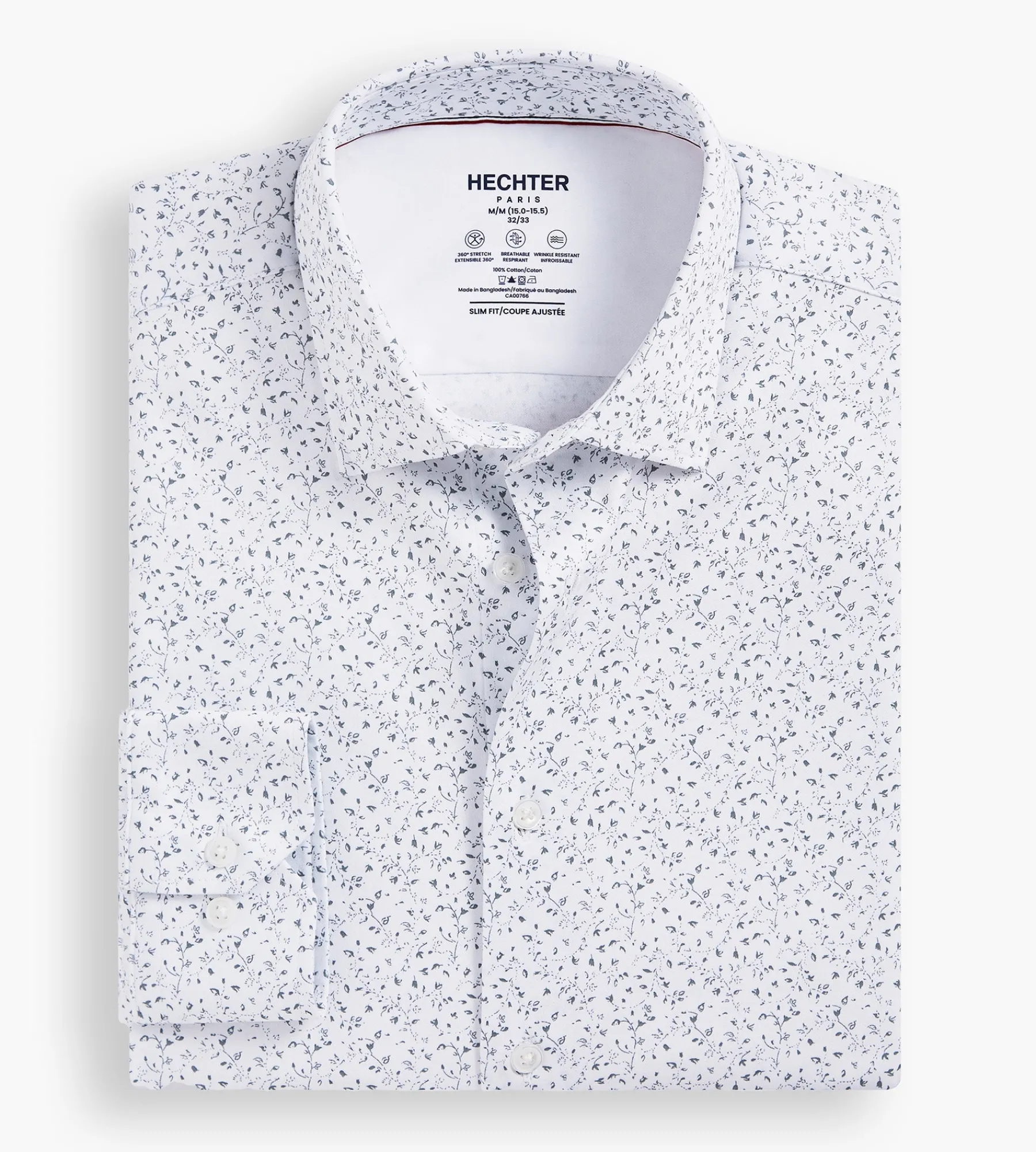 Hechter Paris Dress Shirts*Slim Fit 360° Stretch Soft Touch Botanical Print Jersey Dress Shirt Grey